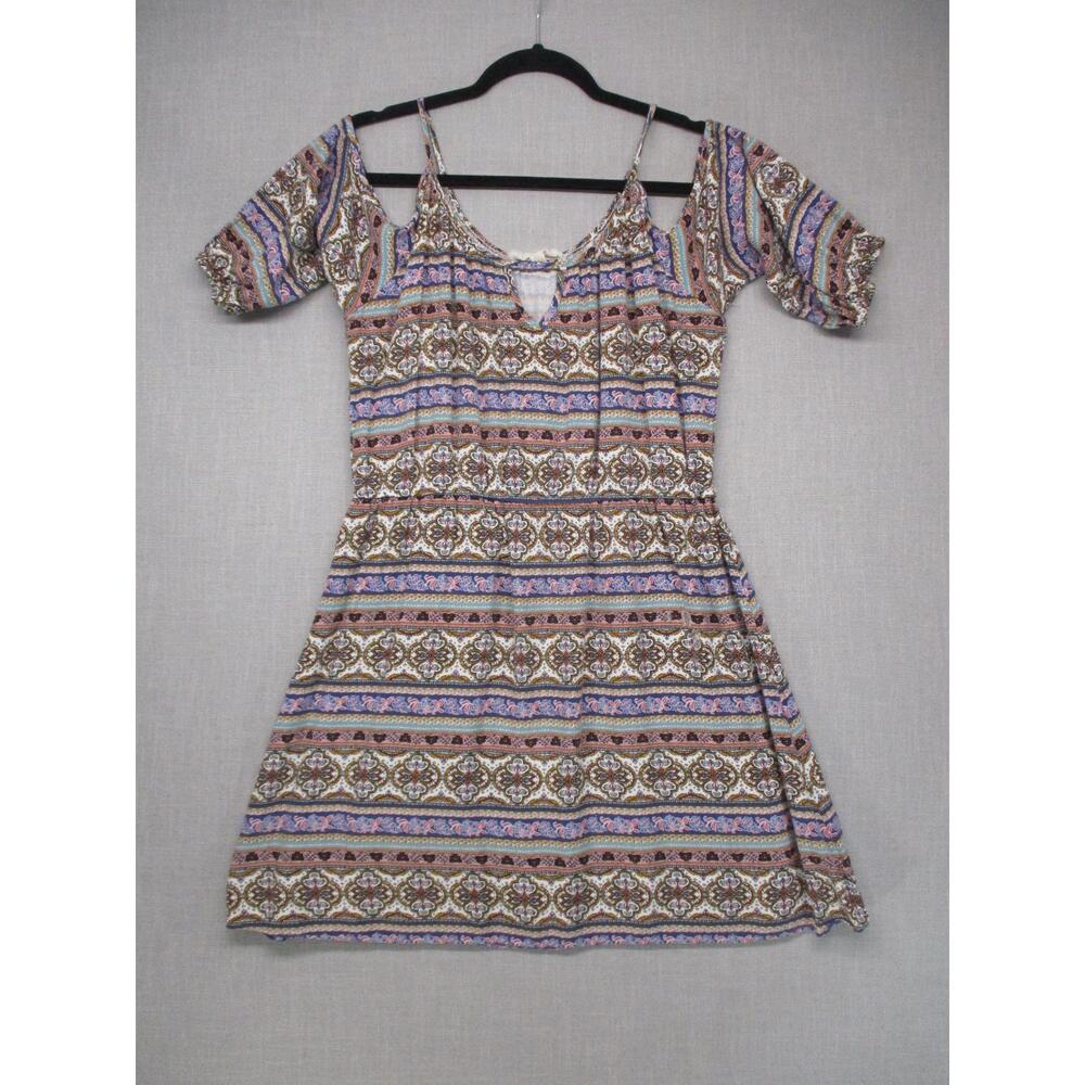 Hippie Rose Brown Boho Festival Patterned‎ Cold Shoulder Dress Womens Size XL
